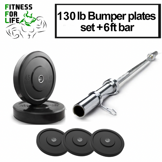 130 Lb Bumper Plates set with 6 ft bar